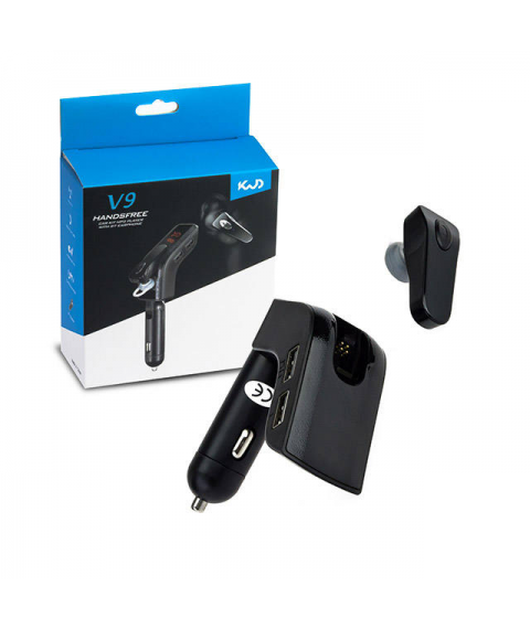 مشغل ام بي 3 للسيارة مع جهاز ارسال موجات اف ام، مع سماعة لاسلكية بلوتوث ومدخلين يو اس بي للشحن V9