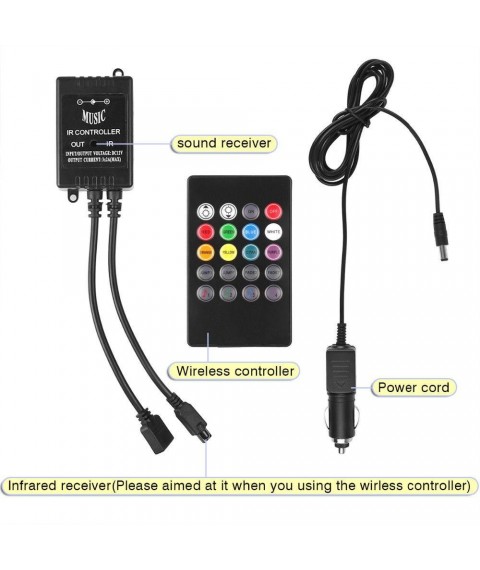 شريط ليد الدواسات/الصالون للسيارة - حساس موسيقى - ريموت كنترول - 8 الوان