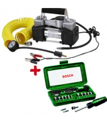 كمبروسر 2 بستم - 12 فولت للسيارات + مفك مع مجموعة رؤوس مفكات 46 قطعة من بوش صناعة تايوان